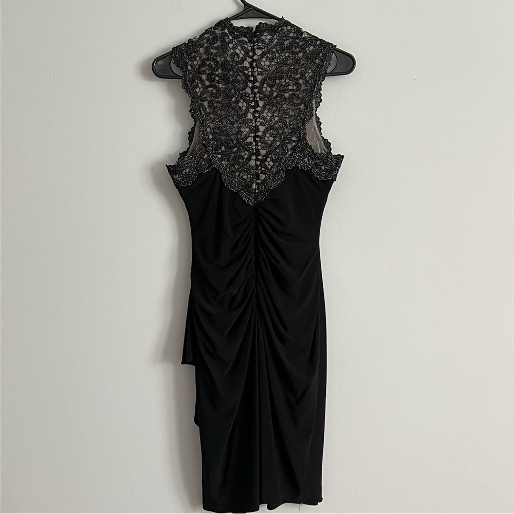 Xscape Black Crochet Back Ruche Draped Fitted Cocktail Dress - Picture 8 of 11
